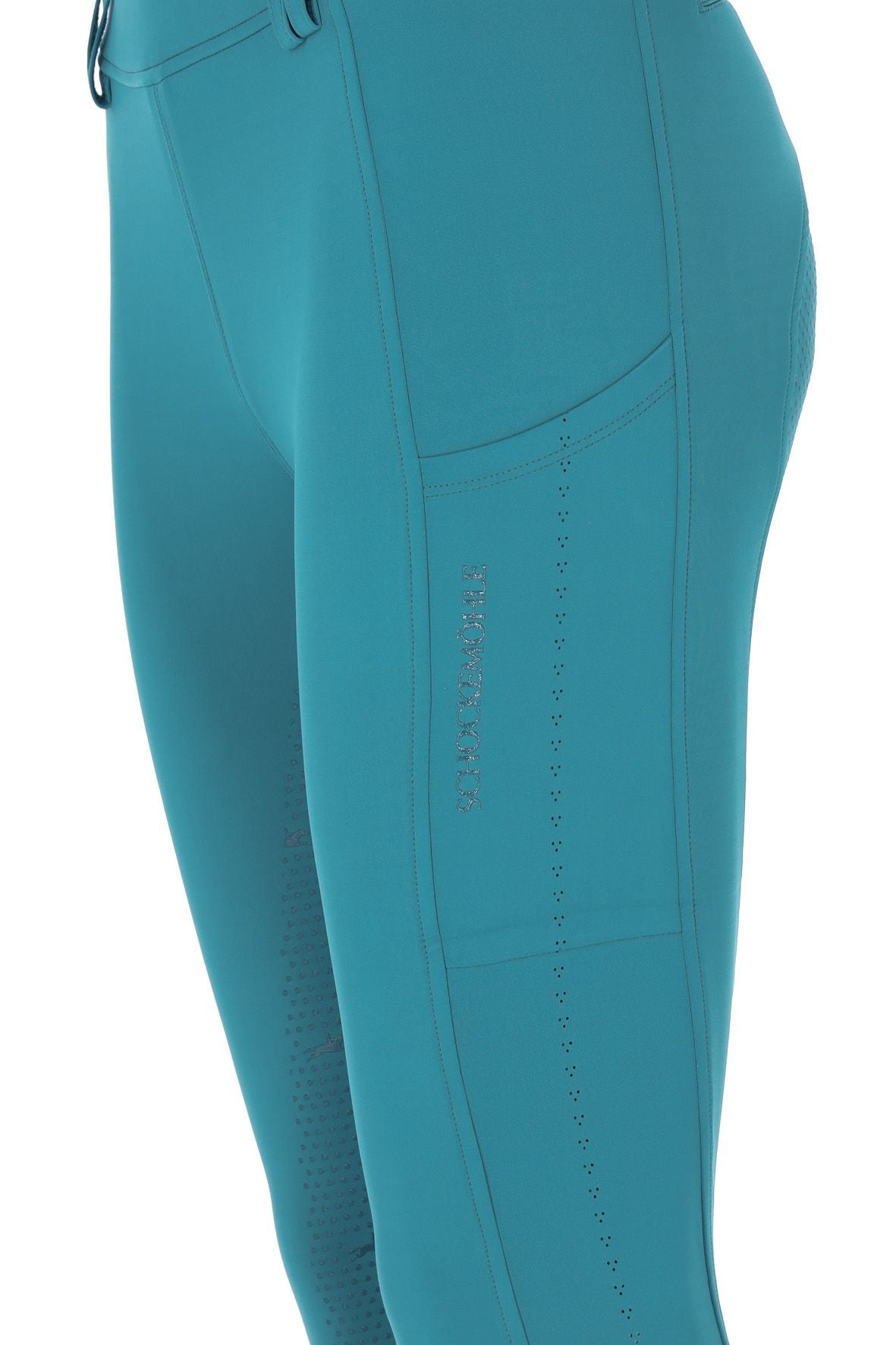 Close-up side view of the Colonial Blue Schockemohle Air Sporty Full Seat Riding Tights on a white background