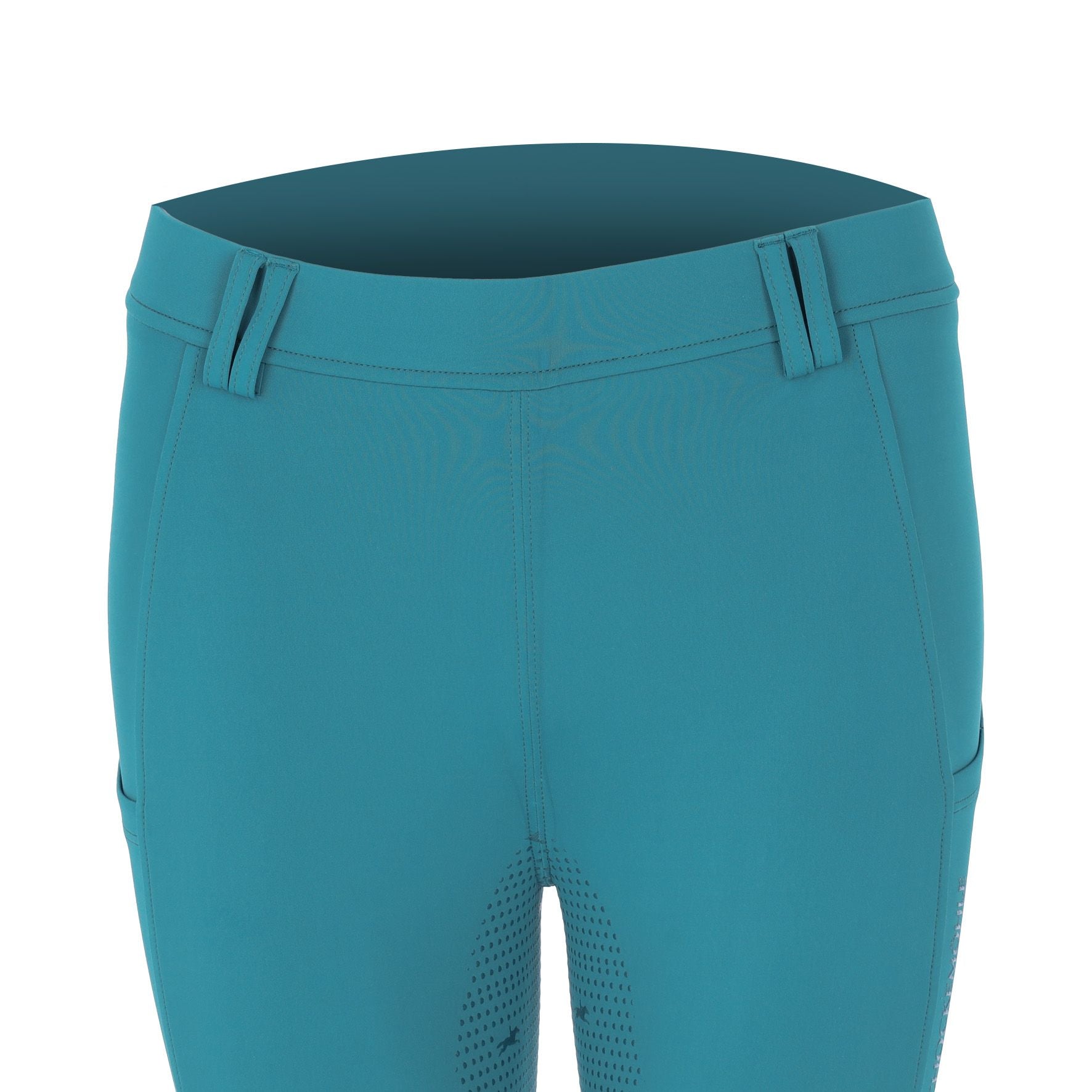 Close-up front view of the Colonial Blue Schockemohle Air Sporty Full Seat Riding Tights on a white background