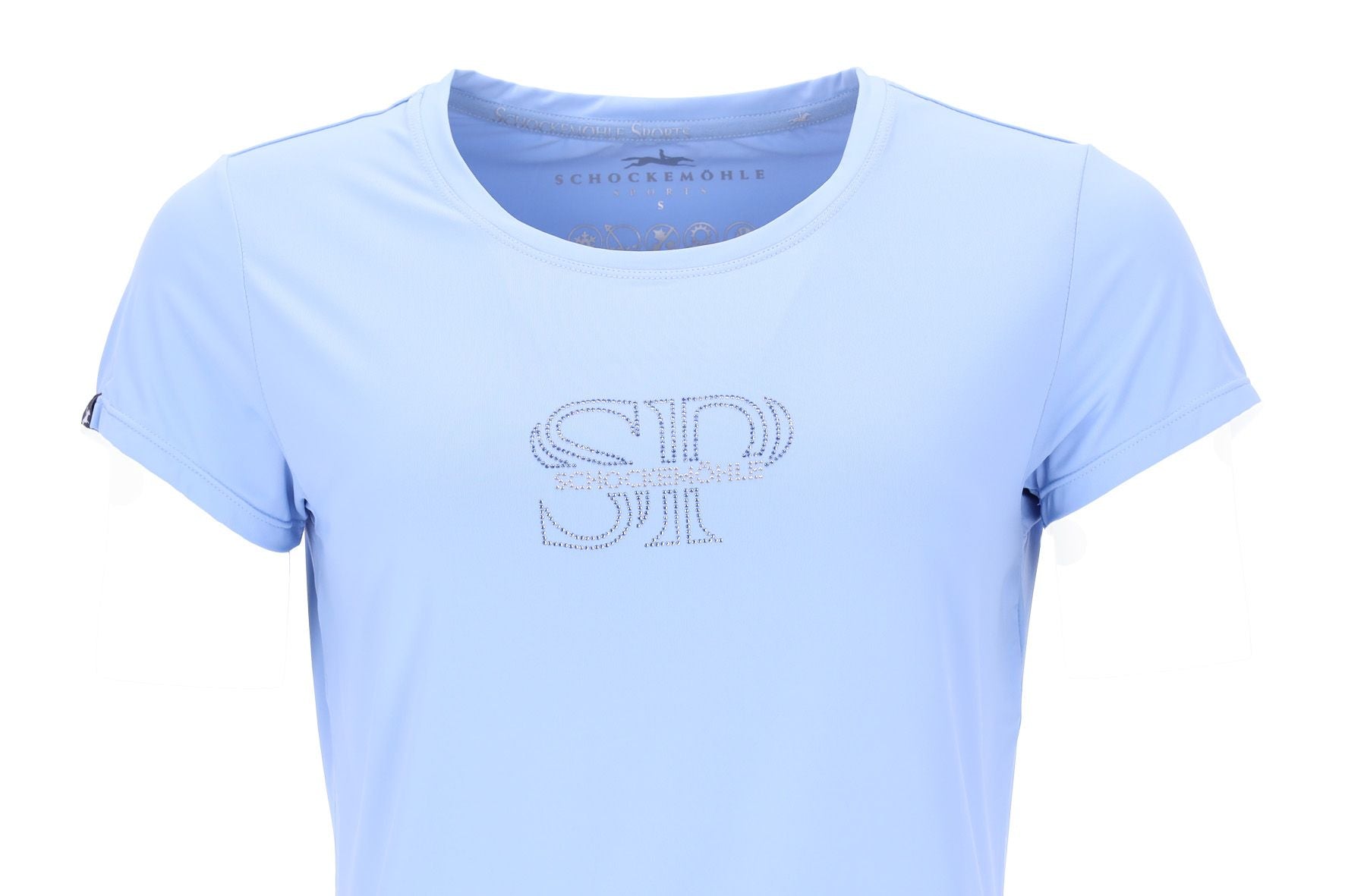 Close-up front view of the Sky Blue Schockemohle Nola T-Shirt on a white background