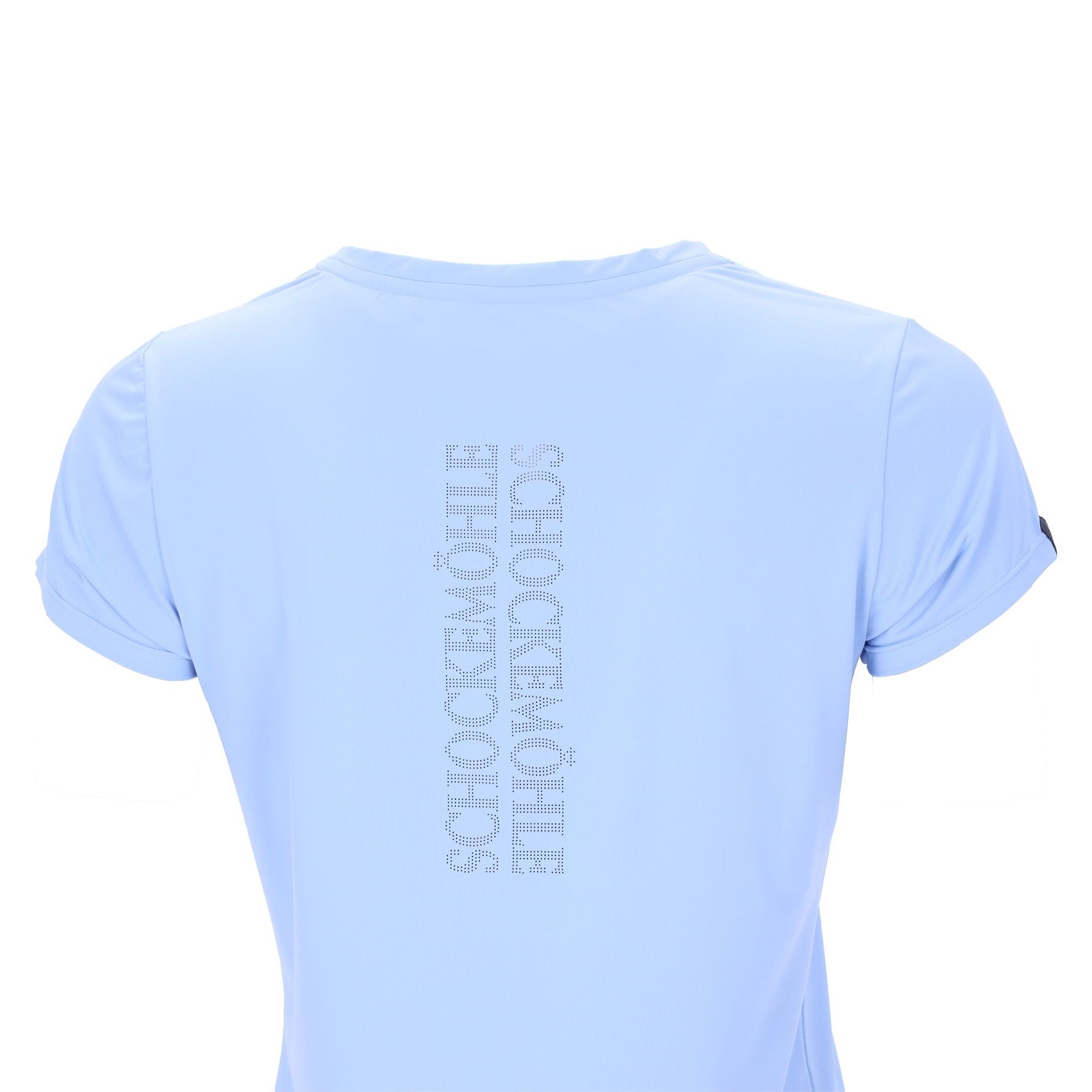 Close-up back view of the Sky Blue Schockemohle Nola T-Shirt on a white background