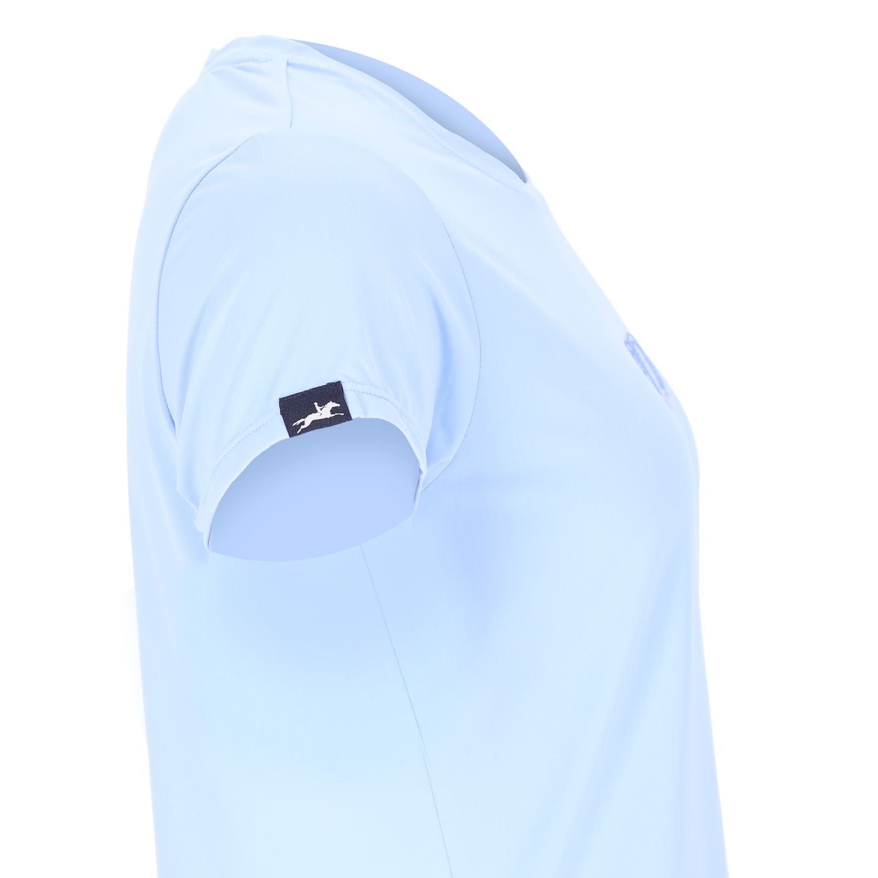Close-up side view of the Sky Blue Schockemohle Nola T-Shirt on a white background
