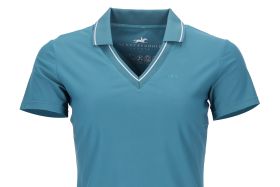 Close up front view of the collar and neckline of the Schockemohle Miley T-Shirt in teal on a white background