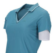 Close up angled front view of the short sleeve, collar, and neckline of the Schockemohle Miley T-Shirt in teal on a white background