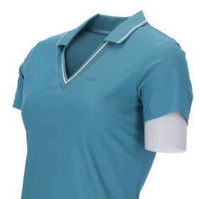 Close up angled front view of the short sleeve, collar, and neckline of the Schockemohle Miley T-Shirt in teal on a white background