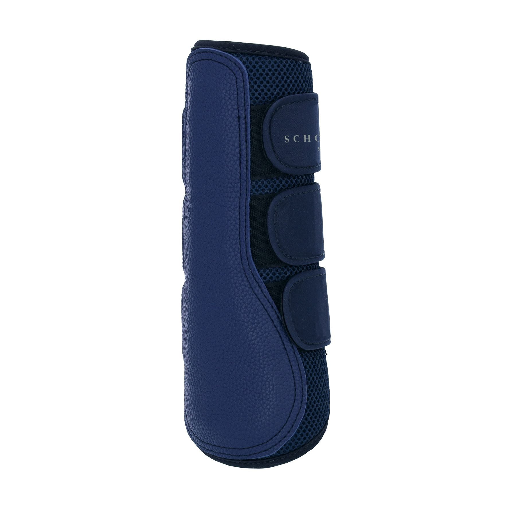 Side view of the True Navy Schockemohle Mesh Guards Brushing Boots on a white background