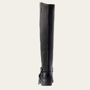 Back view of the black Ariat Breeze Half Chap over a paddock boot on a plain background