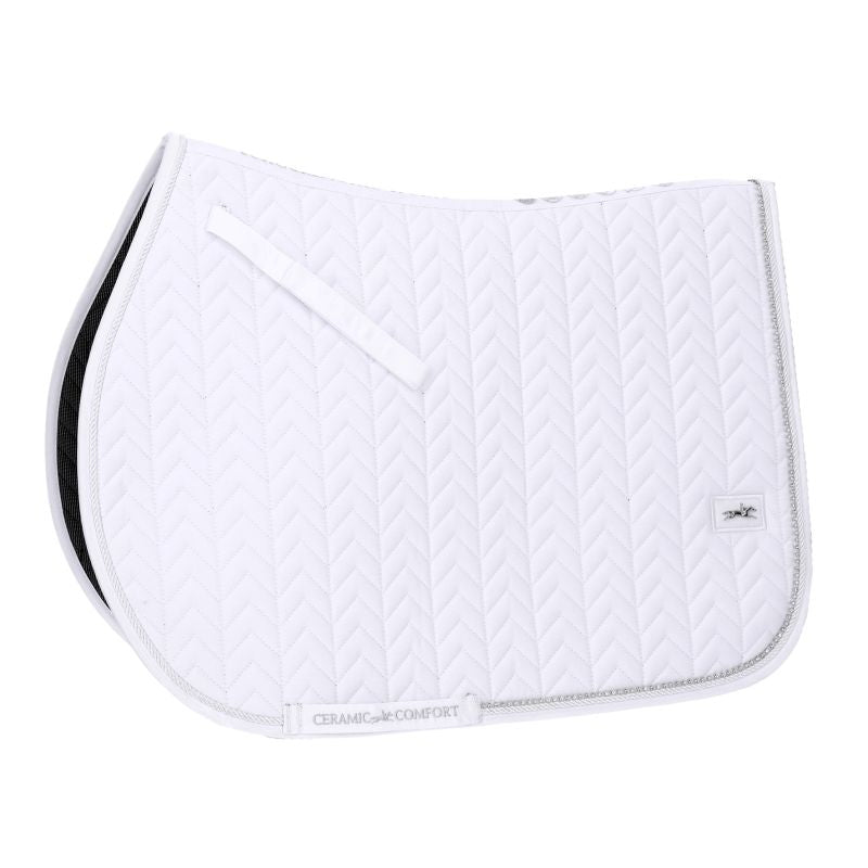 Side view of the White Schockemohle Ceramica Jump Saddle Pad on a white background