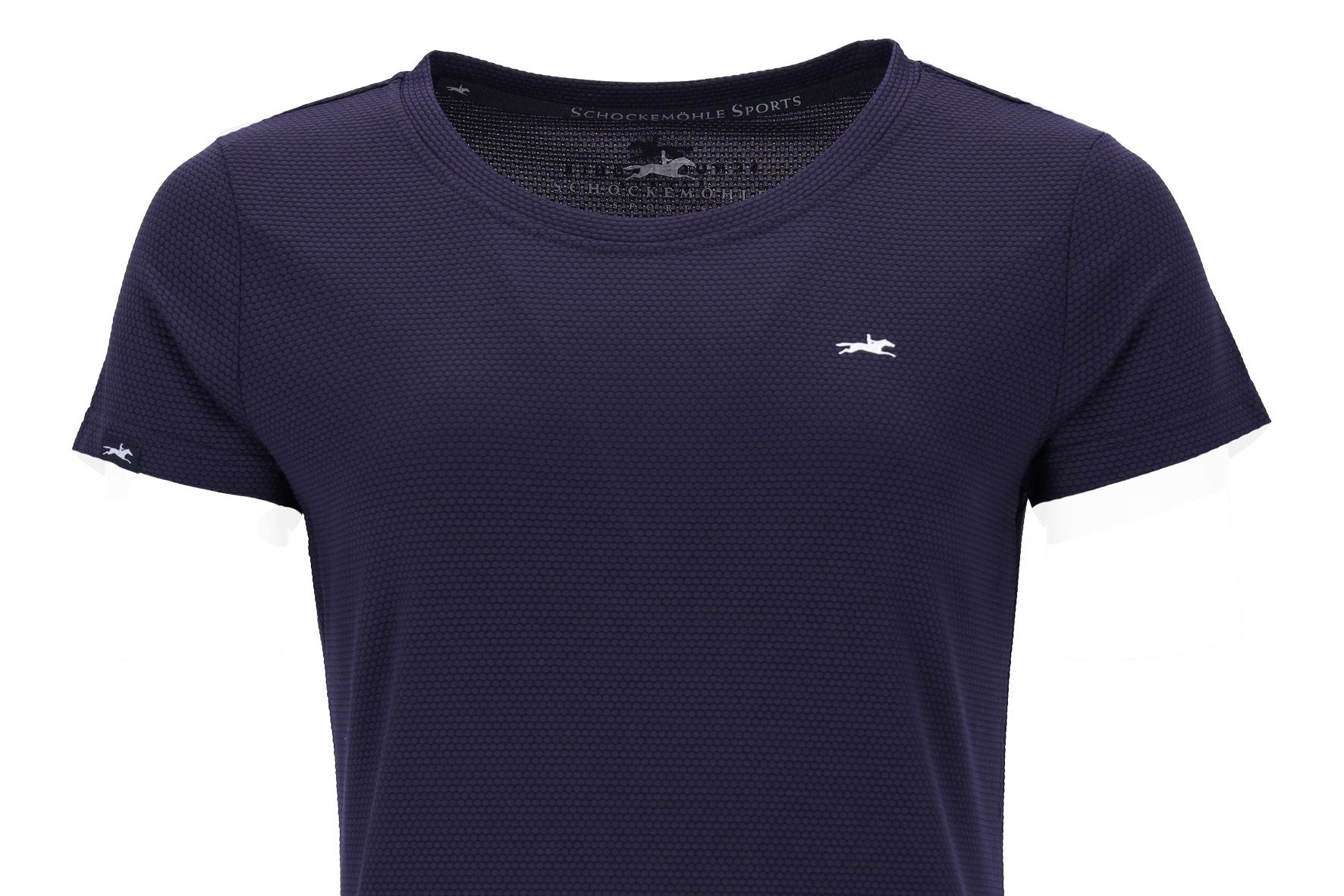 Close-up front view of the Dark Navy Schockemohle Jessy T-Shirt on a white background