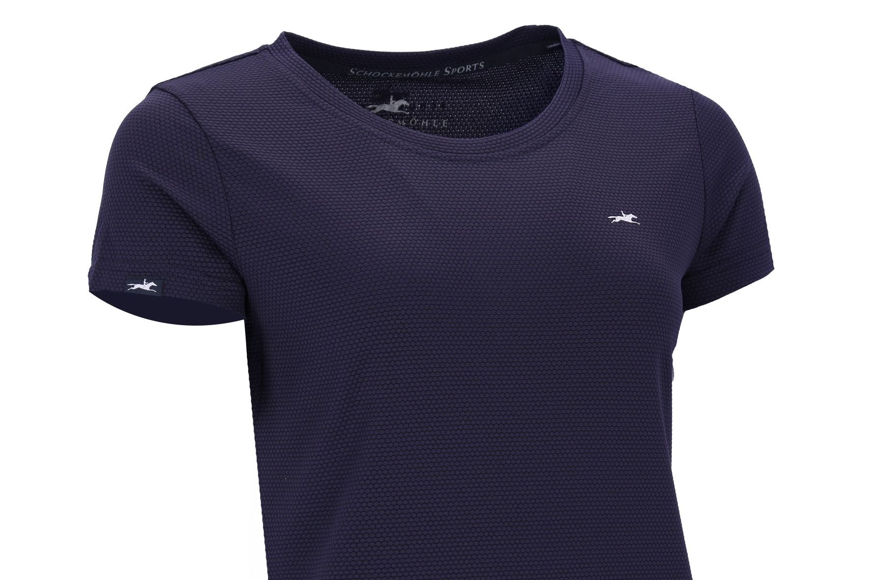Close-up angled front view of the Dark Navy Schockemohle Jessy T-Shirt on a white background