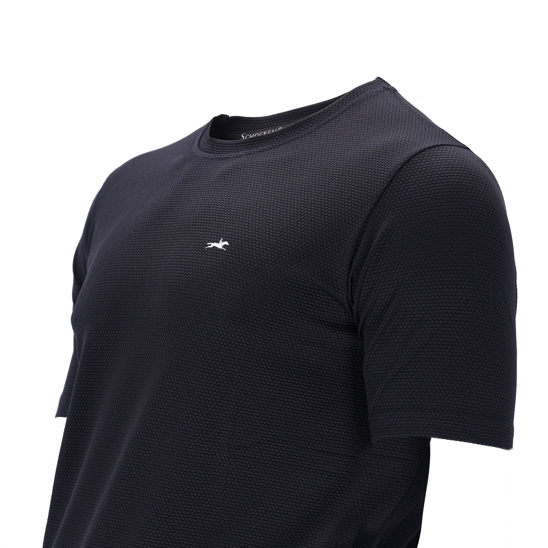Close up front angled view of the collar and sleeve of the Schockemohle Men's Julian T-Shirt in black on a white background