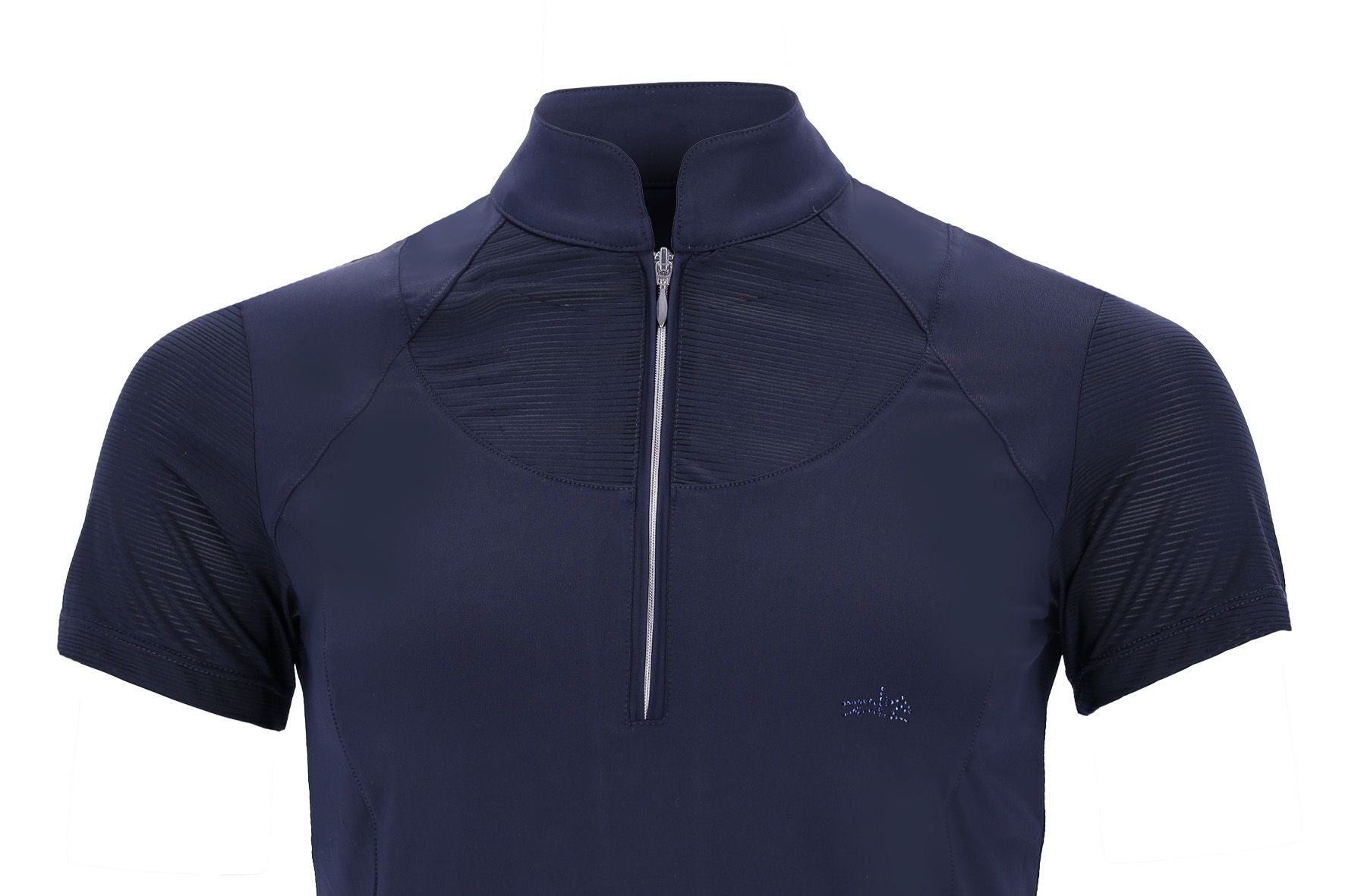 Close-up front view of the Dark Navy Schockemohle Summer Vibes Training Shirt on a white background