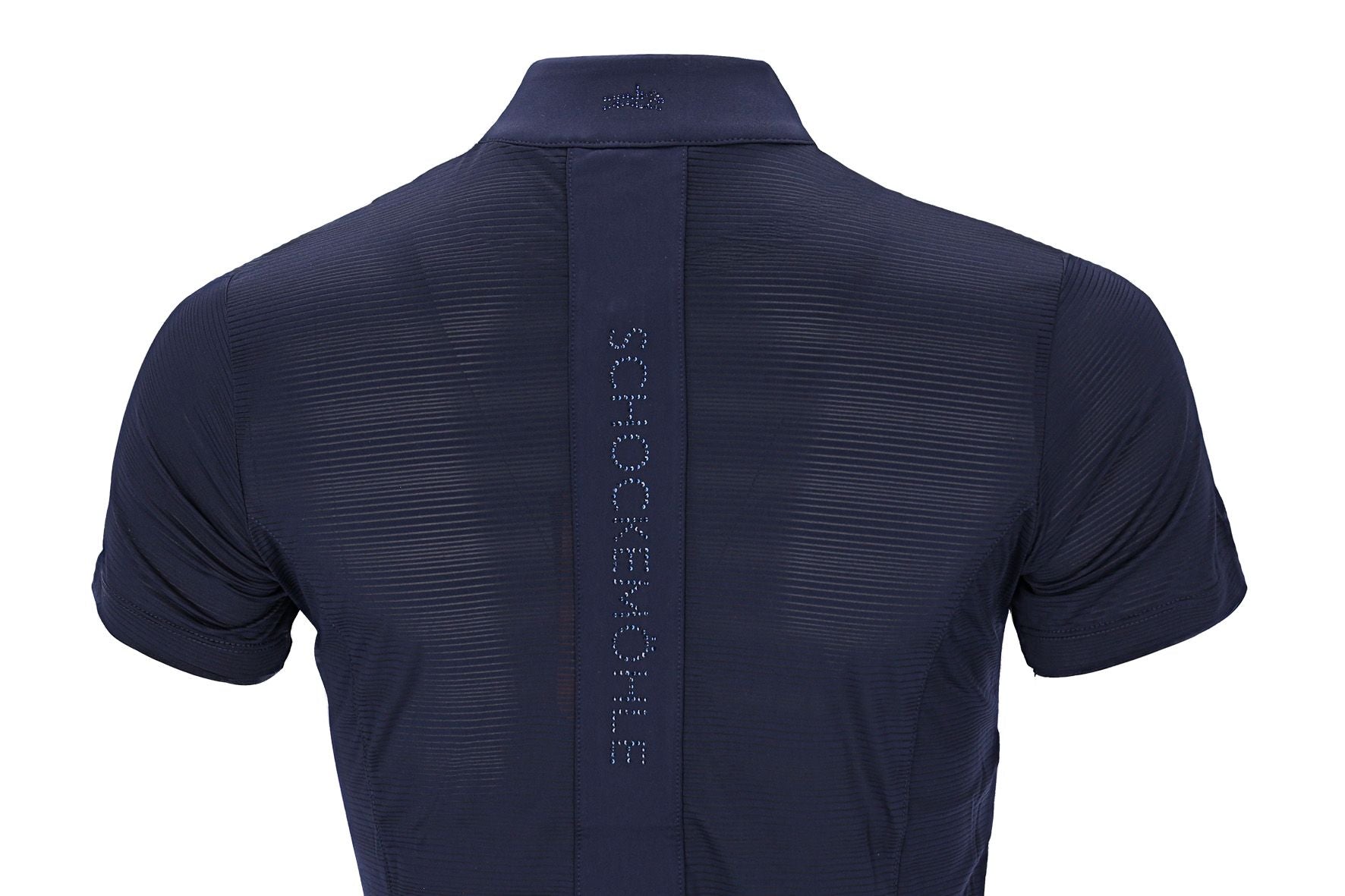 Close-up back view of the Dark Navy Schockemohle Summer Vibes Training Shirt on a white background