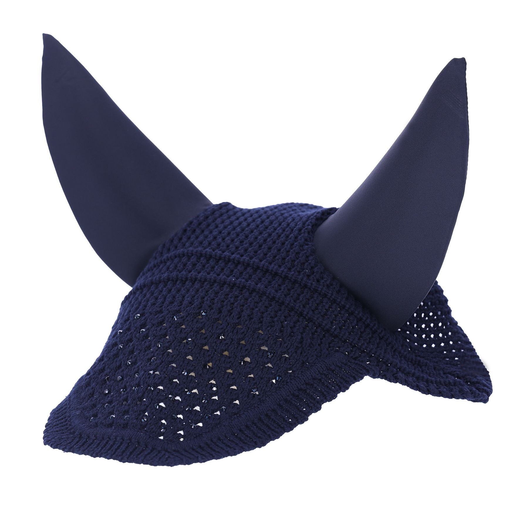 Angled front view of the Schockemohle Silent Elegant Spark Fly Veil in navy on a white background