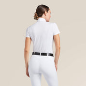 Back view of a female model wearing the white Ariat Aptos Short Sleeve Show Shirt on a plain background