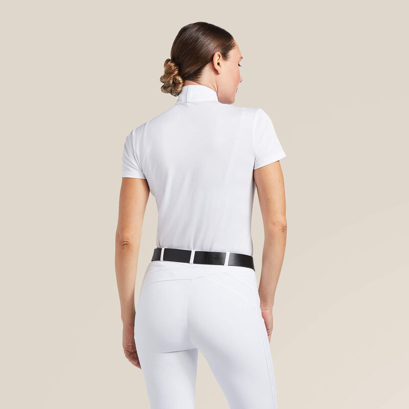Back view of a female model wearing the white Ariat Aptos Short Sleeve Show Shirt on a plain background