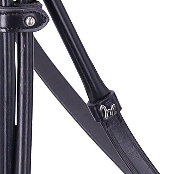 Close-up view of the Isabell Werth logo on the Schockemohle Isabell Werth Bella Rose Dressage Bridle on a white background