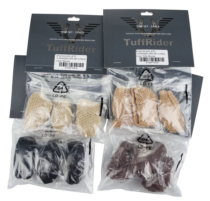Packages of TuffRider hair nets in multiple colors displayed on white background