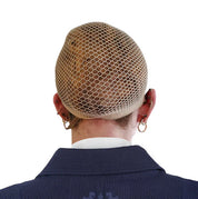 Back view of person wearing TuffRider hair net in light blonde over a bun