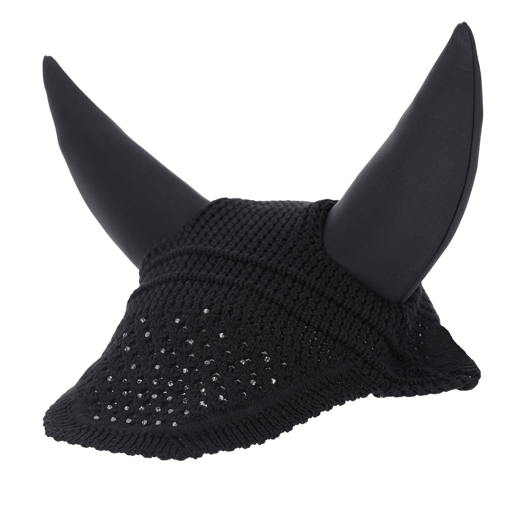 Angled front view of the black Schockemohle Silent Elegant Spark Fly Veil on a white background