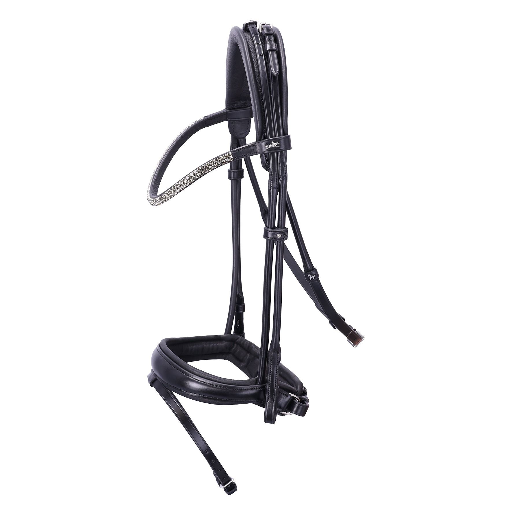 Side view of the Schockemohle Isabell Werth Satchmo Dressage Bridle on a white background