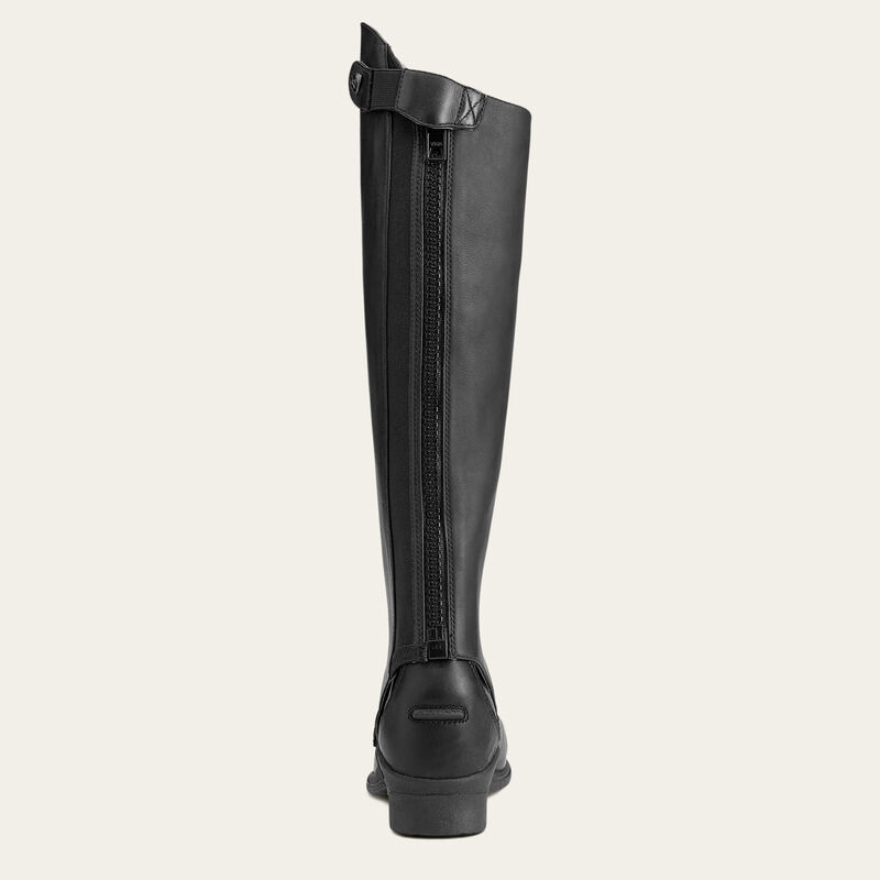 Back view of the Ariat Close Contour Half Chaps over a paddock boot on a plain background