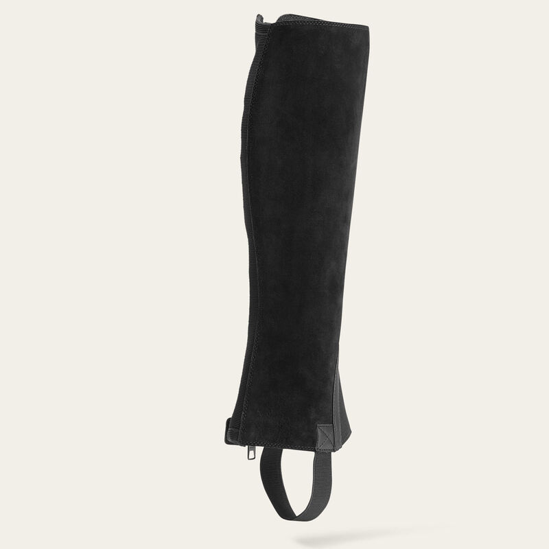Ariat Scout Half Chap in black showing inner panel and elastic foot strap