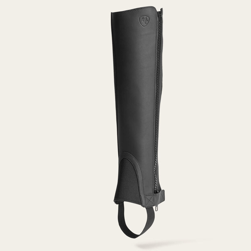 Ariat Scout Half Chap in black, front view with elastic foot strap