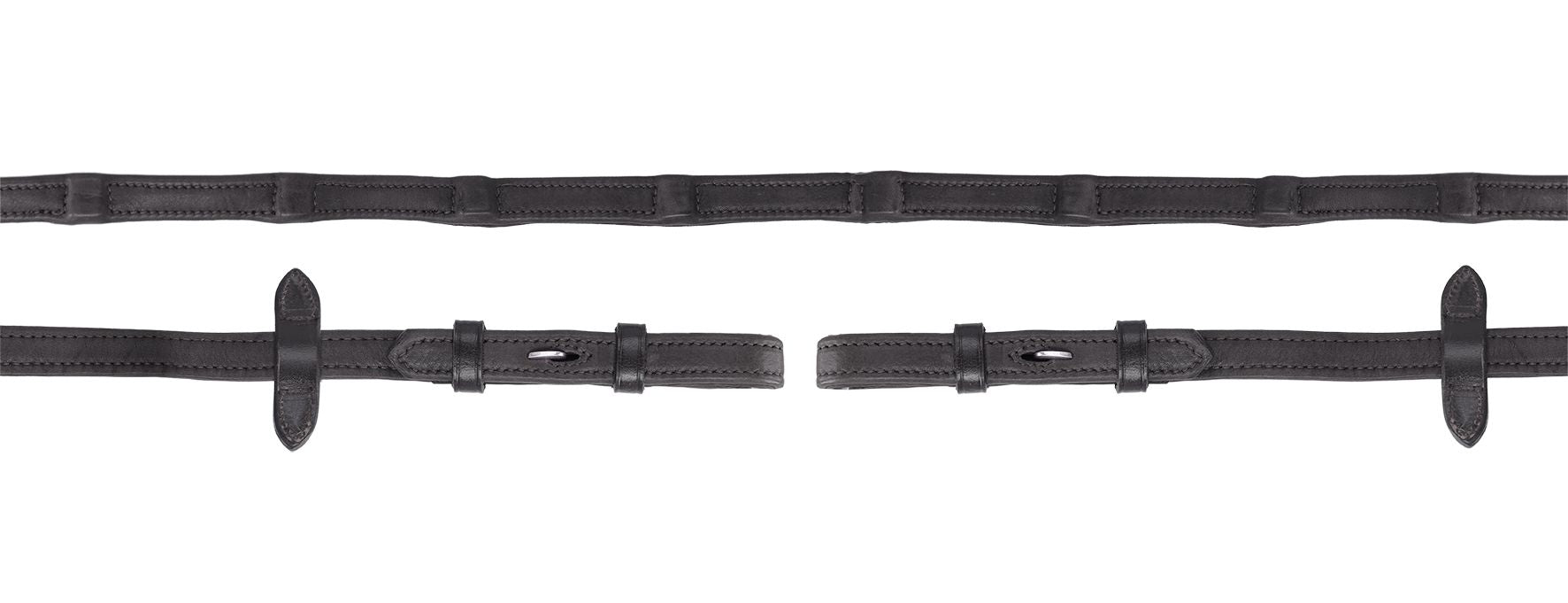 View of the black Schockemohle Durasoft Hook & Stud Reins on a white background