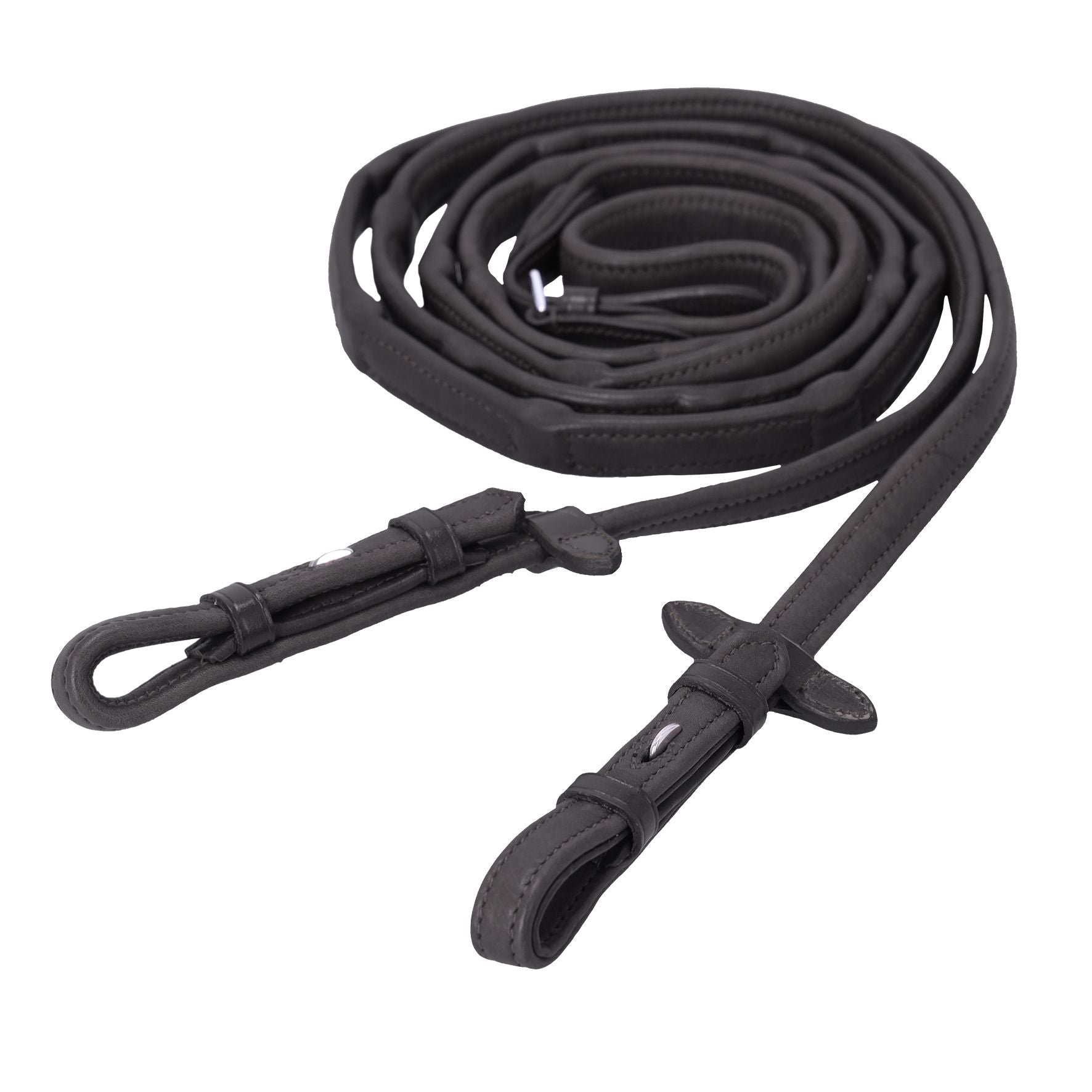 View of a rolled up pair of black Schockemohle Durasoft Hook & Stud Reins on a white background