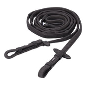 View of a rolled up pair of black Schockemohle Durasoft Hook & Stud Reins on a white background
