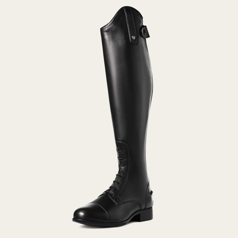 Angled front view of the black Ariat Heritage Contour II Field Zip Tall Riding Boot on a gray background
