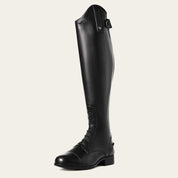 Angled front view of the black Ariat Heritage Contour II Field Zip Tall Riding Boot on a gray background
