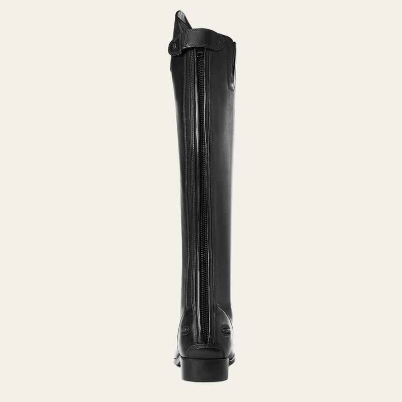 Back view of the black Ariat Heritage Contour II Field Zip Tall Riding Boot on a gray background