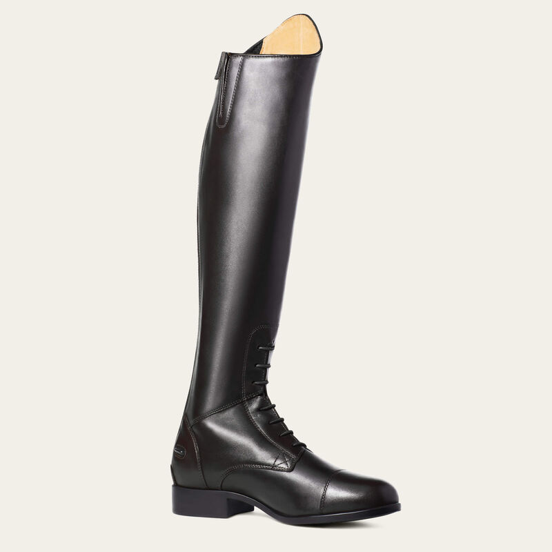 Angled front view of the black Ariat Heritage Contour II Field Zip Tall Riding Boot on a gray background