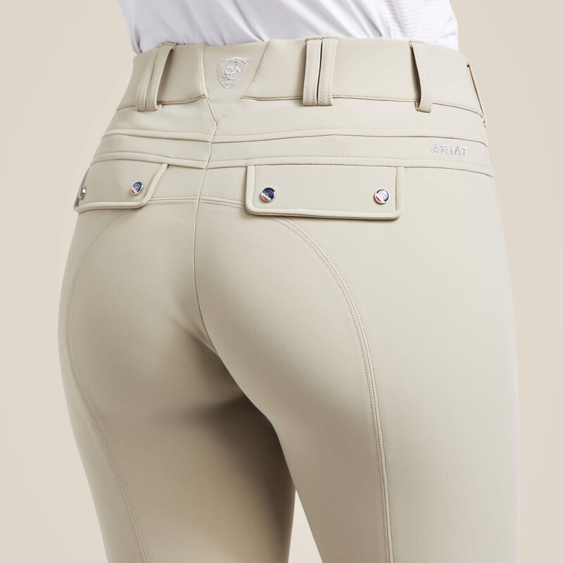 Close-up back view of the tan Ariat Tri Factor Grip Knee Patch Breech on a plain background
