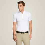 Front view of male model wearing the Ariat Mens Tek Short Sleeve Show Shirt in white and tan breeches in a studio setting