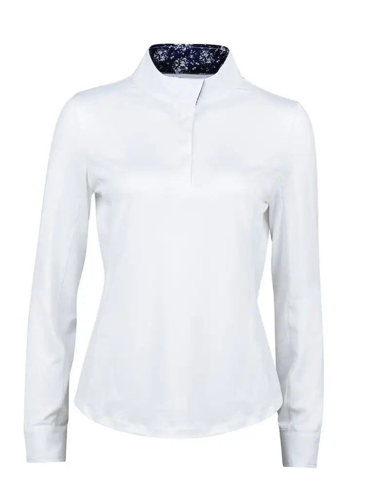 Front view of the white/navy Dublin Ria Long Sleeve Competition Shirt on a white background
