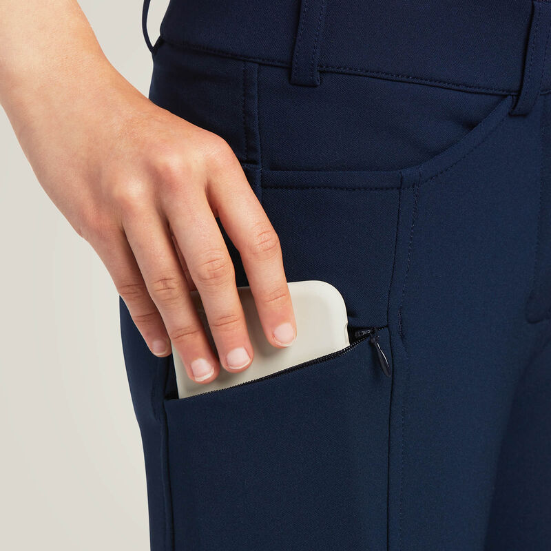 Close-up view of the Ariat Youth Prelude Knee Patch Breeches in navy
