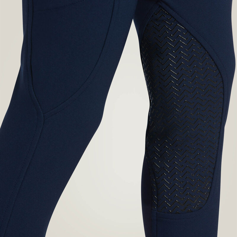 Close-up view of the knee grip on the Ariat Youth Prelude Knee Patch Breeches in navy
