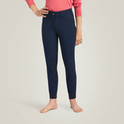 Front view of young model wearing the Ariat Youth Prelude Knee Patch Breeches in navy in a studio setting