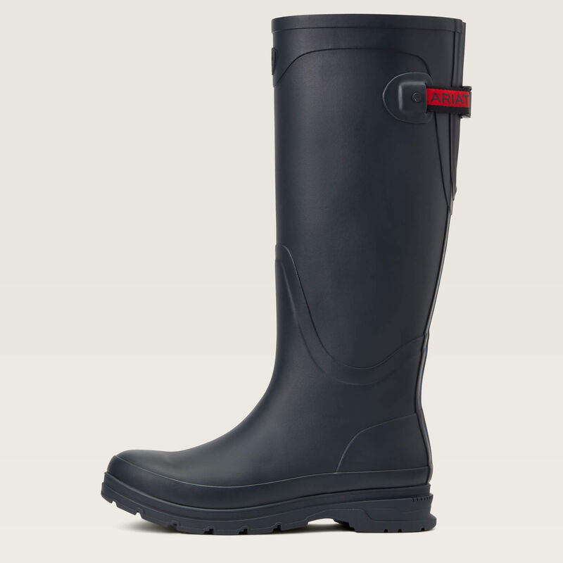 Side view of the Navy Ariat Kelmarsh Rain Boot on a plain background