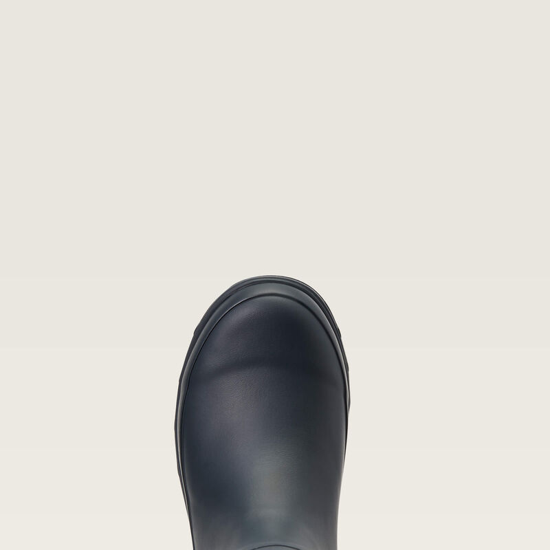 Top view of the toe cap on the Navy Ariat Kelmarsh Rain Boot on a plain background