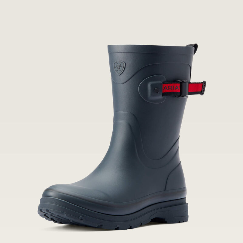 Angled front view of the Navy Ariat Kelmarsh Mid Rubber Boot on a plain background