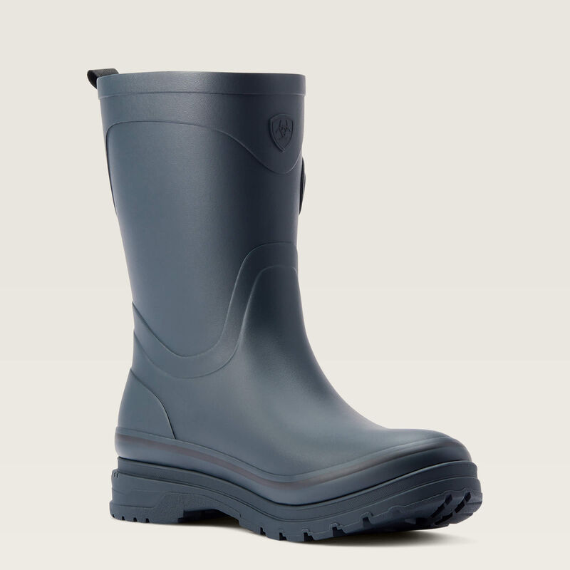 Side view of the Navy Ariat Kelmarsh Mid Rubber Boot on a plain background