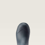 Top view of the toecap on the Navy Ariat Kelmarsh Mid Rubber Boot on a plain background