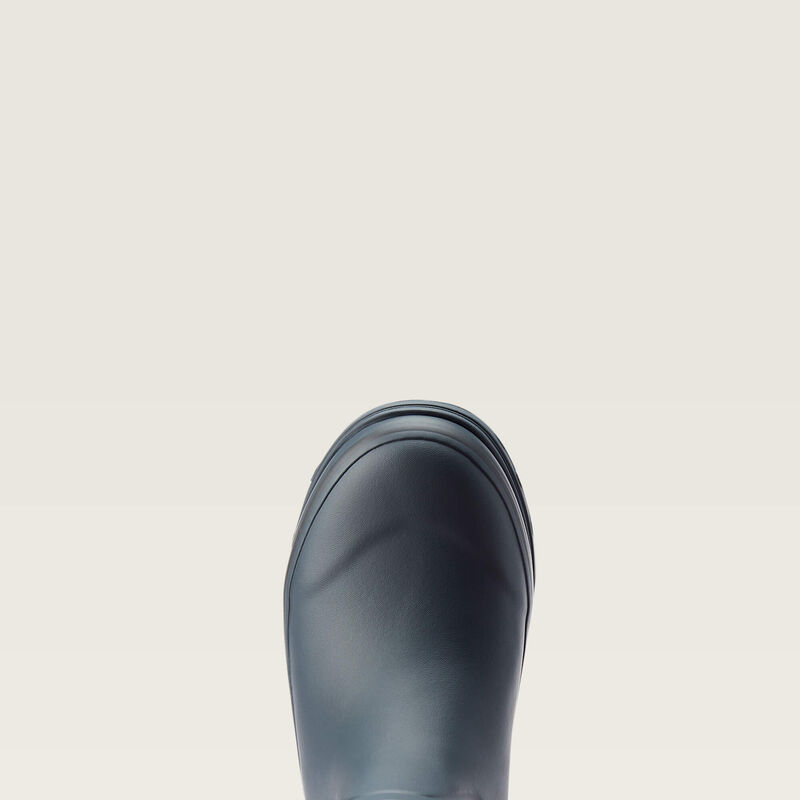 Top view of the toecap on the Navy Ariat Kelmarsh Mid Rubber Boot on a plain background