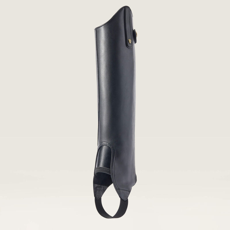 Angled front view of the black Ariat Heritage Contour Half Chap on a plain background