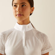 Close up front view of the collar and sleeve detail of the Ariat Aptos Vent 2.0 Show shirt in white, on a model in a studio setting