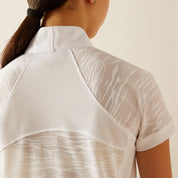Close up back view of the collar and sleeve detail of the Ariat Aptos Vent 2.0 Show shirt in white, on a model in a studio setting
