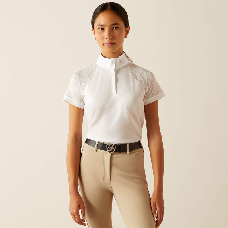 Front view of a youth model wearing the Ariat Aptos Vent 2.0 Show Shirt in white in a studio setting
